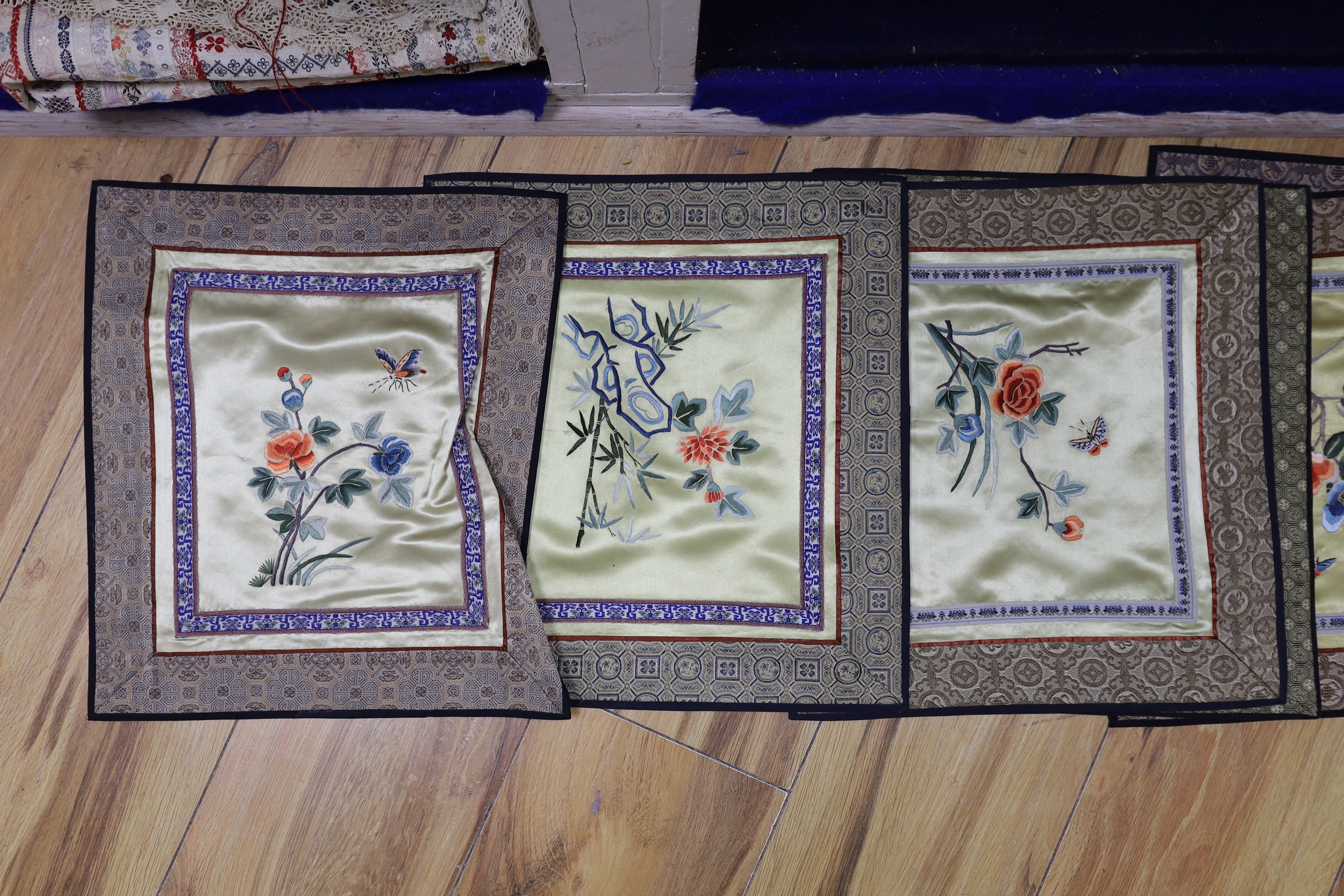 Eleven Chinese silk embroidered panels